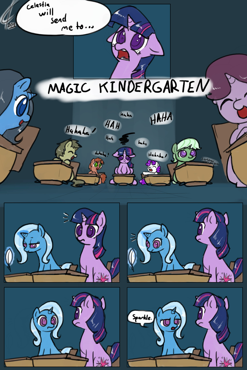 blue_fur comic cub cutie_mark desk english_text equine female feral friendship_is_magic fur gree_eyes green_eyes green_fur green_hair grey_fur grey_hair group hair horn horse laugh levitation magic male mammal my_little_pony pony purple_fur purple_hair quill tears text trixie_(mlp) twilight_sparkle_(mlp) two_tone_hair unicorn valcron wood young