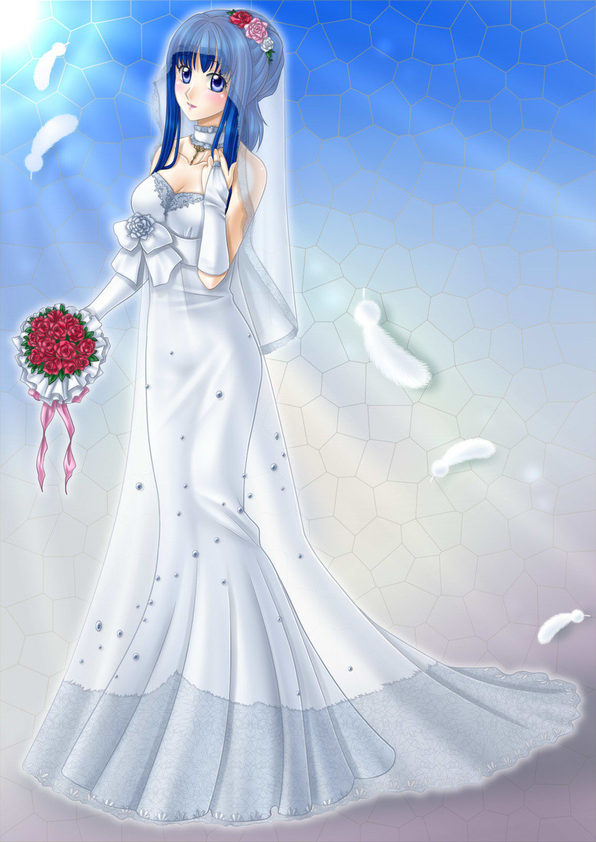 bare_shoulders blue_eyes blue_hair blush bouquet breasts bridal_veil cleavage collar collarbone dress feathers fire_emblem fire_emblem:_monshou_no_nazo flower gloves hair_flower hair_ornament highres jewelry long_hair medium_breasts necklace pegasus_knight ribbon sheeda smile solo veil wedding_dress yuino_(fancy_party)