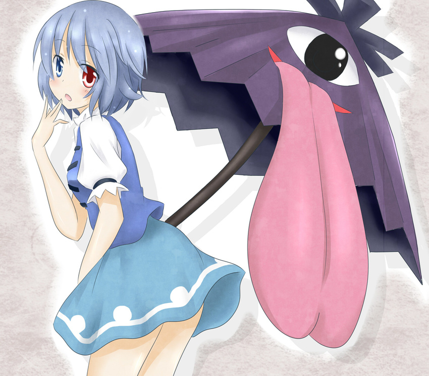 back blue_eyes blue_hair blush hachimi heterochromia karakasa_obake open_mouth purple_umbrella red_eyes short_hair skirt smile solo tatara_kogasa tongue touhou umbrella vest