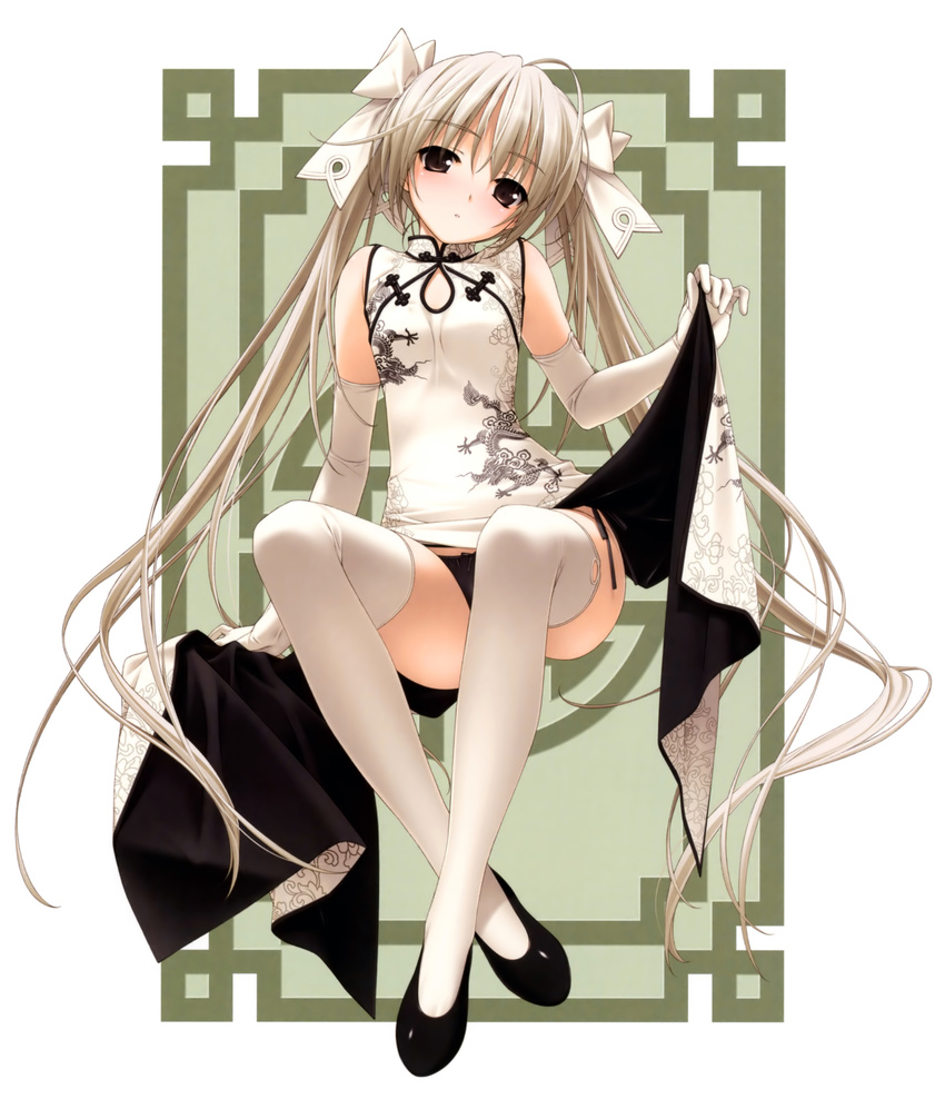 absurdres ahoge bare_shoulders black_panties bow bow_panties breasts brown_eyes china_dress chinese_clothes dragon_print dress dress_lift elbow_gloves gloves grey_hair hair_bow hashimoto_takashi highres kasugano_sora legs long_hair long_legs panties pantyshot pantyshot_(sitting) scan shoes sitting small_breasts solo thighhighs thighs twintails underwear very_long_hair white_gloves white_legwear yosuga_no_sora