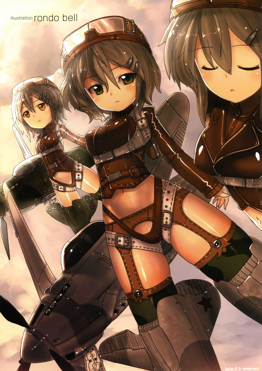 absurdres aircraft airplane brown_hair camouflage camouflage_legwear garter_belt goggles goggles_on_head green_eyes hair_ornament hairclip harness highres mecha_musume midriff multiple_girls navel orange_hair original personification propeller rondo_bell scan shiny shiny_clothes short_hair thighhighs yak-3