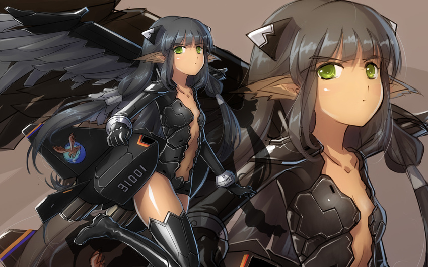 aircraft airplane black_hair black_legwear boots commentary_request ericsakura green_eyes highres j-31 jet long_hair looking_at_viewer mecha_musume navel original personification sketch solo thigh_boots thighhighs very_long_hair zoom_layer