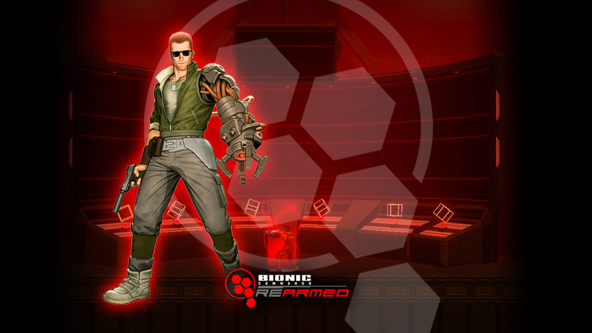 3d bionic_commando bionic_commando_rearmed boots copyright_name cyborg english gloves gun handgun logo male_focus manly nathan_spencer non-web_source official_art orange_hair pistol promotional_art realistic science_fiction soldier solo spiked_hair suppressor tank_top translated video_game wallpaper weapon