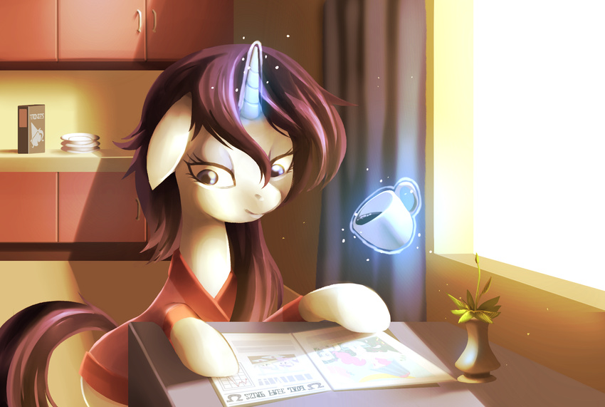 blue_eyes cereal clothed clothing coffee cup curtains equine female feral friendship_is_magic fur hair horn horse inside karzahnii kitchen levitation magic mammal my_little_pony newspaper plant plate pony purple_hair rarity_(mlp) reading solo table unicorn white_fur window wood