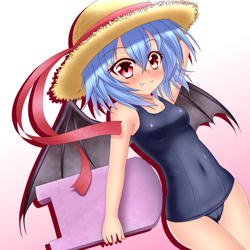 bat_wings blue_hair bluemoonex blush covered_navel fang hat highres kickboard one-piece_swimsuit red_eyes remilia_scarlet school_swimsuit short_hair smile solo swimsuit touhou wings