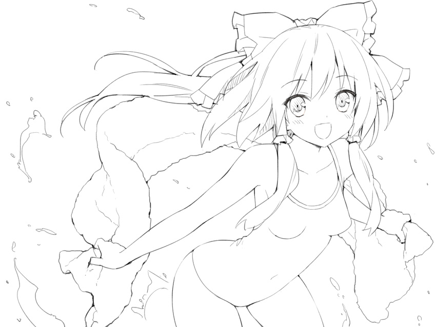:d bow commentary_request competition_school_swimsuit greyscale hair_bow hakurei_reimu highres holding leaning_forward lineart long_hair looking_at_viewer monochrome one-piece_swimsuit open_mouth outstretched_arms peko smile solid_black_thumbnail solo spread_arms swimsuit touhou towel transparent_background