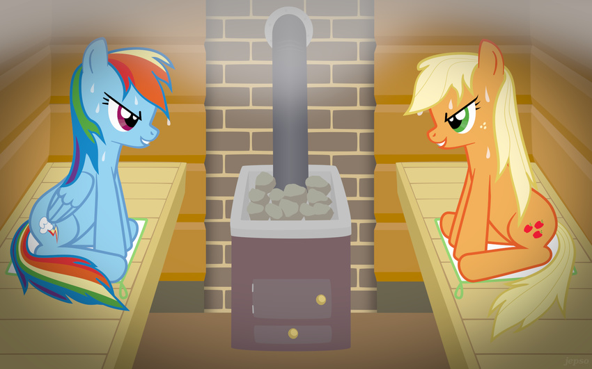 blonde_hair blue_fur cutie_mark duo equine female feral friendship_is_magic fur green_eyes hair heat horse inside jepso mammal multi-colored_hair my_little_pony orange_fur pegasus pony purple_eyes rainbow_dash_(mlp) rainbow_hair sauna sweat towel wings wood