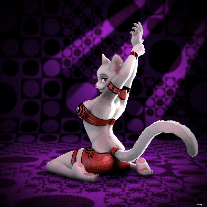 4_toes anthro back back_turned breasts butt cat claws clothed clothing ear_piercing feline female fur hindpaw kneeling looking_at_viewer looking_back mammal paws piercing plantigrade pose raised_arm red_eyes skimpy soles solo sway tail_clothing toe_claws toes whiskers white_fur zorryn