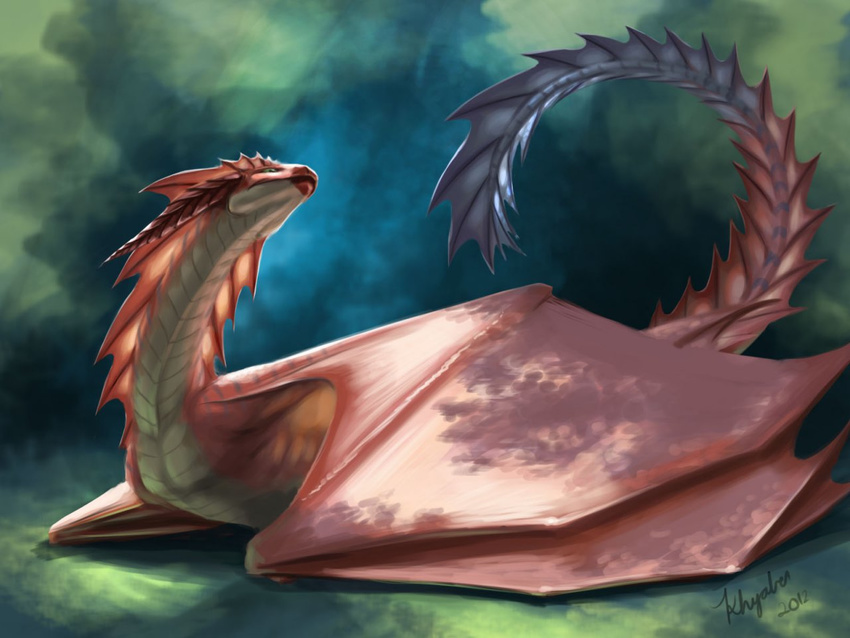 abstract_background ambiguous_gender dragon feral horn khyaber khyaber_(character) looking_up lying scalie solo wings wyvern