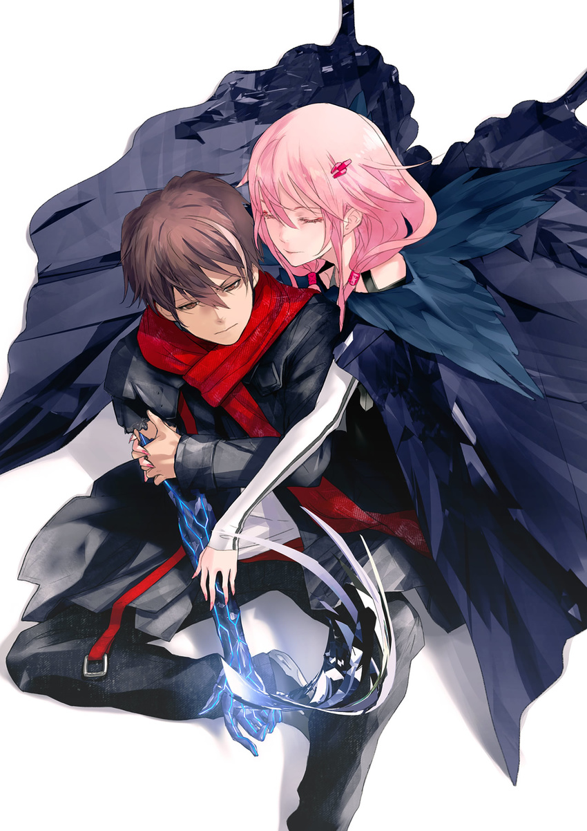 1girl brown_eyes brown_hair cape closed_eyes guilty_crown hair_ornament hairclip highres hug hug_from_behind long_hair nail_polish official_art ouma_shuu pink_hair red_scarf redjuice scarf short_hair sitting twintails yuzuriha_inori