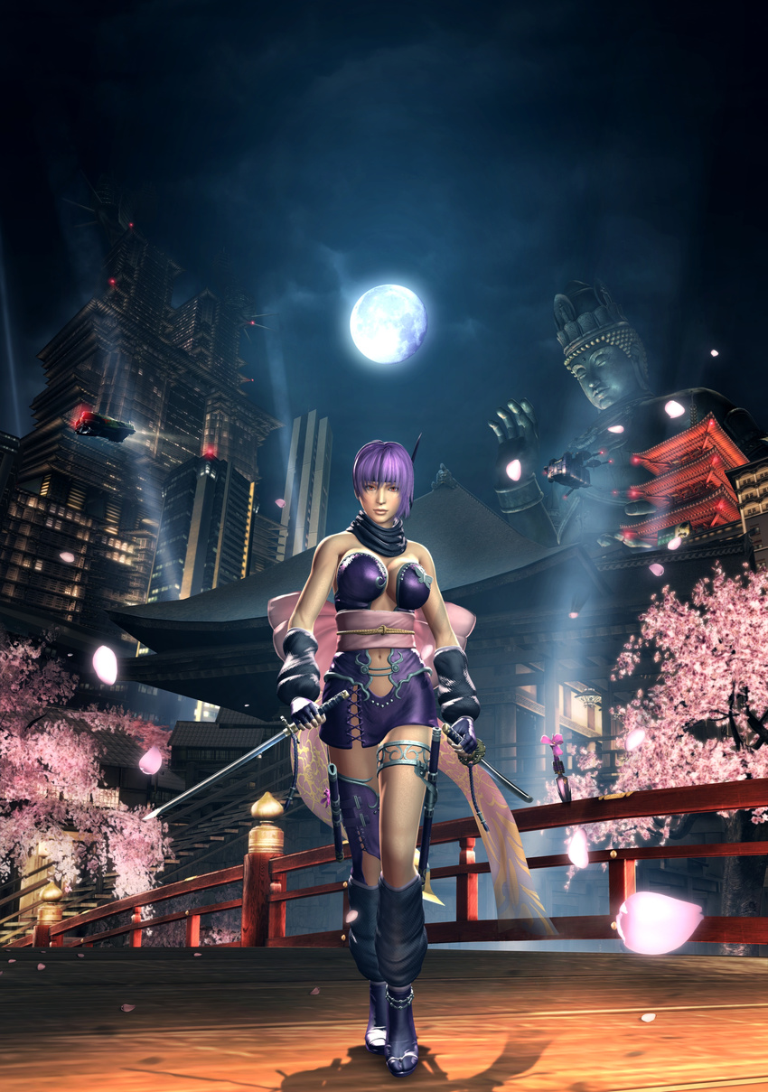 1girl 3d absurdres ayane_(doa) bow breasts bridge building cg cherry_blossoms city highres katana kunai moon ninja ninja_gaiden ninja_gaiden_2 ninja_gaiden_sigma_2 official_art purple_hair red_eyes scarf skirt skyscraper statue sword weapon