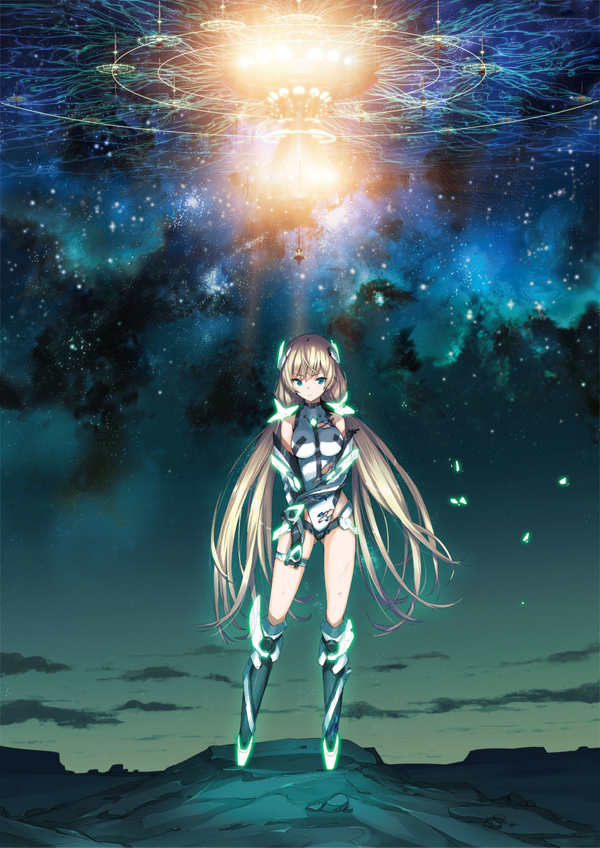 angela_balzac armor bangs bare_shoulders black_gloves blonde_hair boots breasts cloud damaged deva_battle_suit elbow_gloves expressionless full_body gloves glowing green_eyes hair_ornament halterneck headgear highleg highleg_leotard highres holding_arm knee_boots large_breasts leotard long_hair looking_at_viewer low_twintails neon_trim night night_sky official_art outdoors rakuen_tsuihou saitou_masatsugu sky solo standing star_(sky) starry_sky thighlet torn_clothes torn_leotard turtleneck twintails very_long_hair
