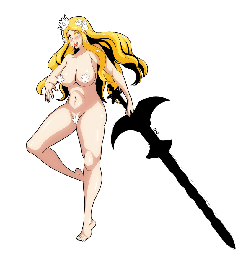 ;p blonde_hair blue_eyes blush breasts code_of_princess crown flower hair_flower hair_ornament highres large_breasts long_hair maebari navel nude one_eye_closed pasties plump shoji-ikari solange_blanchefleur_de_luxe solo sword tongue tongue_out weapon