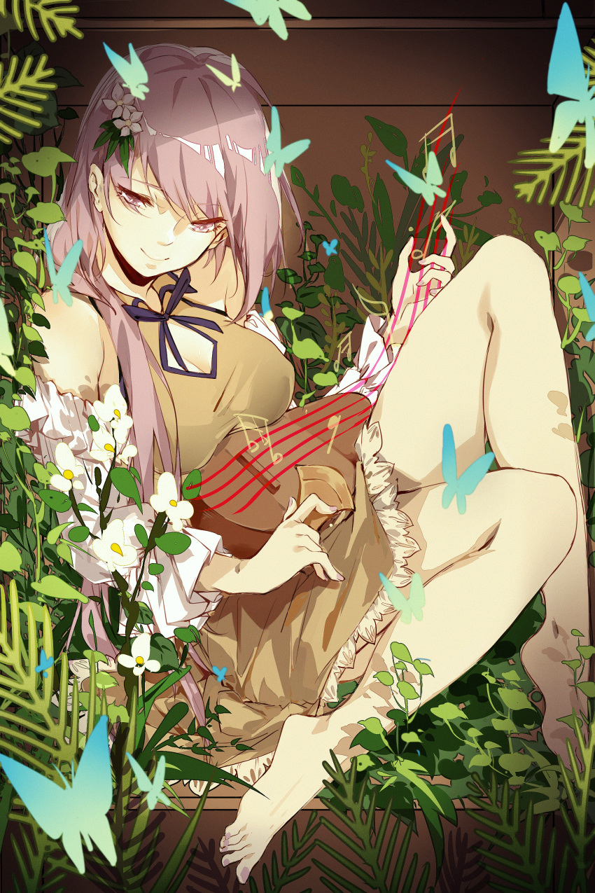 1girl absurdres bangs bare_legs bare_shoulders barefoot black_neckwear black_ribbon breasts brown_dress bug butterfly cleavage cleavage_cutout closed_mouth detached_sleeves dress eyebrows_visible_through_hair feet flower hair_flower hair_ornament highres insect instrument kagari6496 knee_up large_breasts long_hair long_sleeves looking_at_viewer music musical_note nail_polish neck_ribbon plant playing_instrument purple_eyes purple_hair purple_nails ribbon sitting smile solo toenail_polish touhou tsukumo_benben white_flower