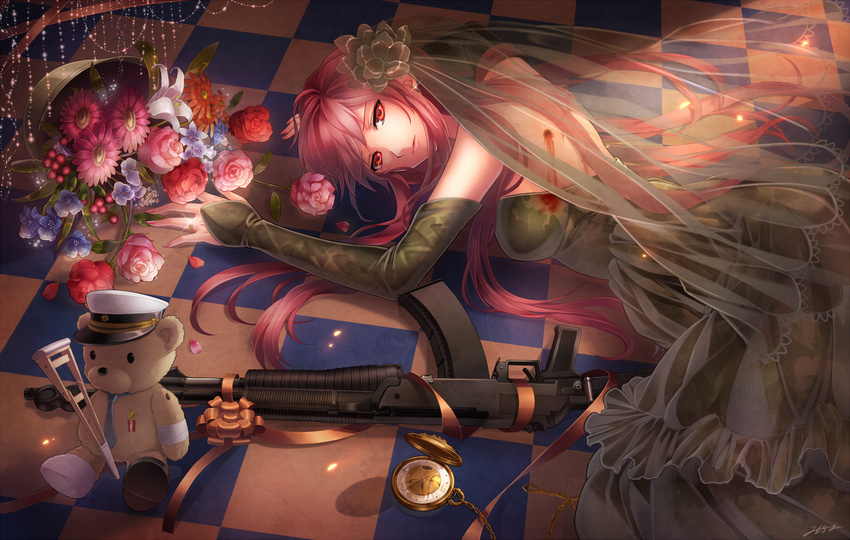 an-94 assault_rifle bare_shoulders blood bullet_hole checkered checkered_floor dress earrings elbow_gloves flower gloves gun highres injury jewelry long_hair milcho original pocket_watch red_eyes red_hair rifle sling solo stuffed_animal stuffed_toy teddy_bear watch weapon