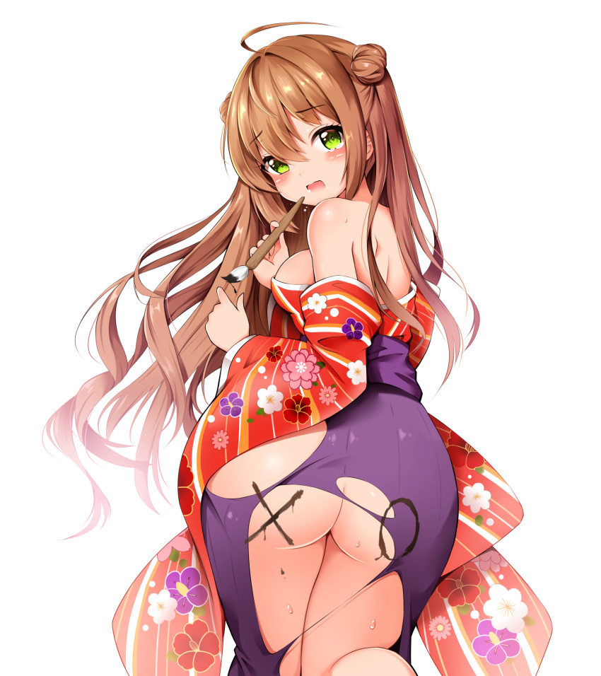 1girl ahoge ass bangs bare_shoulders bloody0rabby blush body_writing breasts brown_hair calligraphy_brush double_bun eyebrows_visible_through_hair floral_print girls_frontline green_eyes hair_between_eyes highres japanese_clothes kimono long_hair long_sleeves looking_at_viewer looking_back medium_breasts no_panties off_shoulder open_mouth paintbrush rfb_(girls_frontline) shoulder_blades simple_background solo sweat tears torn_clothes torn_kimono very_long_hair white_background