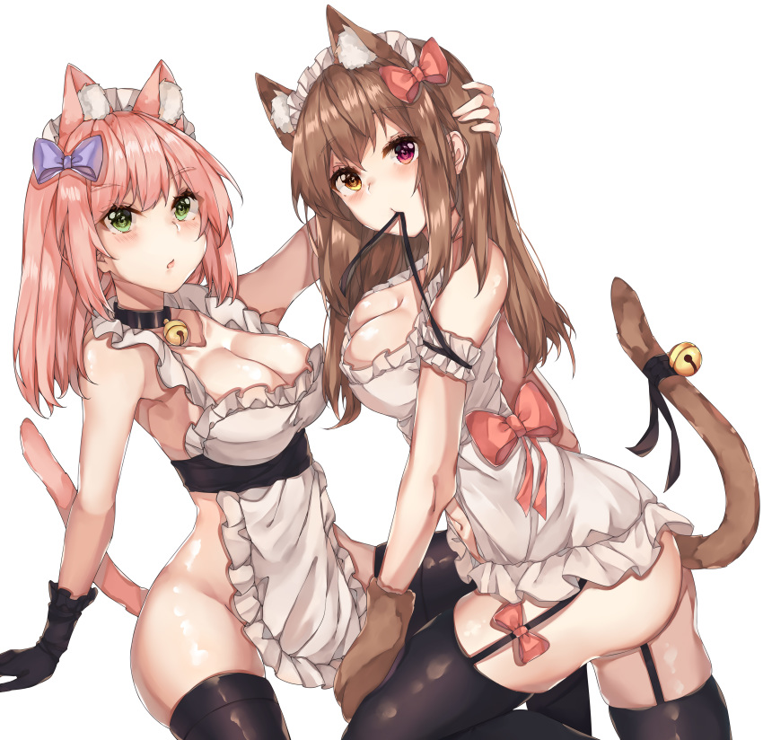 2girls absurdres animal_ear_fluff animal_ears apron ass bare_arms bell bell_collar black_gloves black_legwear blue_ribbon blush breasts brown_fur brown_hair cat_ears cat_girl cat_paws cat_tail cleavage collar commentary detached_sleeves english_commentary eyebrows_visible_through_hair feet_out_of_frame gloves green_eyes hair_ribbon hand_in_hair hand_on_head headdress heterochromia highres kanniepan large_breasts long_hair looking_at_viewer maid maid_headdress medium_hair multiple_girls naked_apron no_bra no_panties original paws pink_hair red_eyes red_ribbon ribbon tail tail_bell thighhighs yellow_eyes yuri