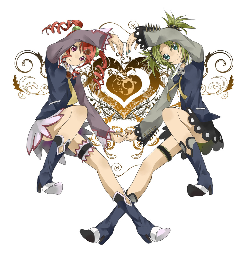 boots drill_hair droite_(tales) full_body gauche_(tales) green_eyes green_hair hair_ornament hairclip heart heart_arms highres juria0801 legs long_legs multiple_girls necktie purple_eyes red_hair short_hair skirt smile symmetry tales_of_(series) tales_of_vesperia thighs twin_drills twintails