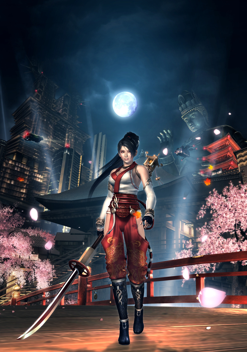 1girl 3d absurdres architecture black_hair boots breasts bridge brown_eyes cg cherry_blossoms city detached_sleeves east_asian_architecture fingerless_gloves gloves highres japanese_clothes large_breasts long_hair momiji_(ninja_gaiden) moon naginata ninja_gaiden ninja_gaiden:_dragon_sword ninja_gaiden_2 ninja_gaiden_sigma ninja_gaiden_sigma_2 official_art pagoda polearm ponytail statue tecmo weapon