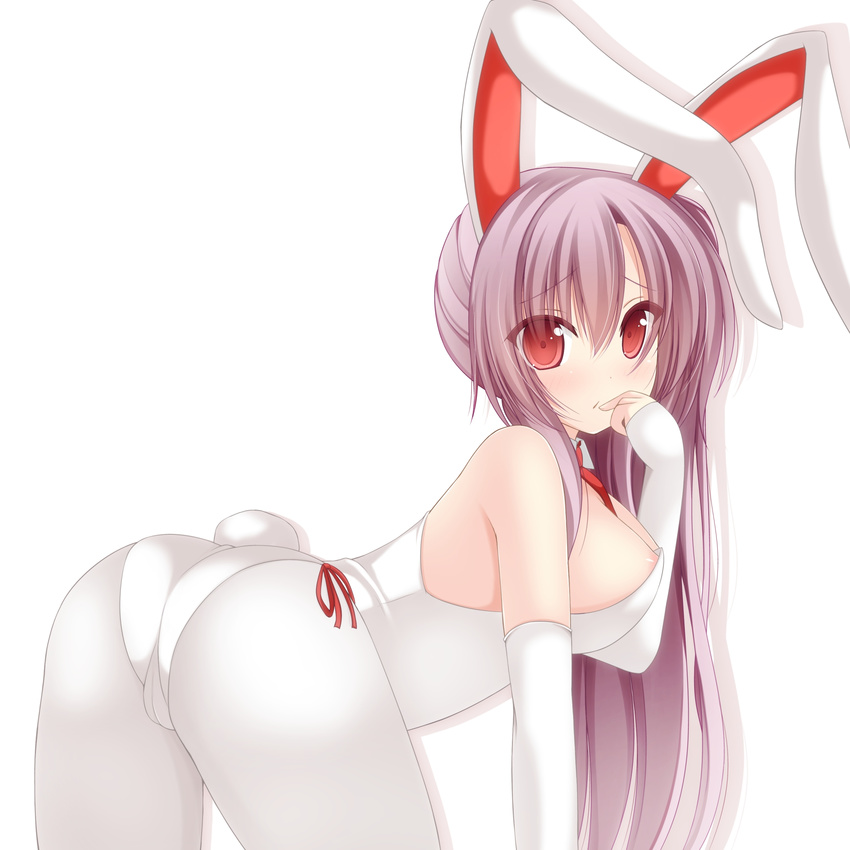 animal_ears areola_slip areolae ass bad_id bad_pixiv_id bare_shoulders bent_over breasts bunny_ears bunny_tail bunnysuit cameltoe chimunge detached_collar elbow_gloves gloves highres large_breasts lavender_hair long_hair pantyhose red_eyes reisen_udongein_inaba simple_background solo tail touhou very_long_hair white_background white_gloves white_legwear