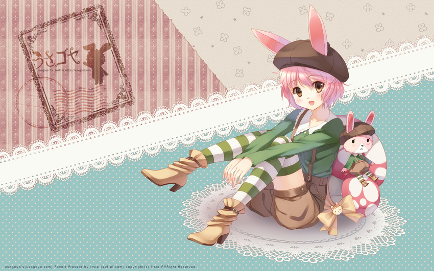 :&lt; :d animal_ears blush bunny_ears hat highres looking_at_viewer mushroom open_mouth original pink_hair sitting smile solo striped striped_legwear stuffed_animal stuffed_bunny stuffed_toy suspenders thighhighs wallpaper watermark web_address xiangtu yellow_eyes