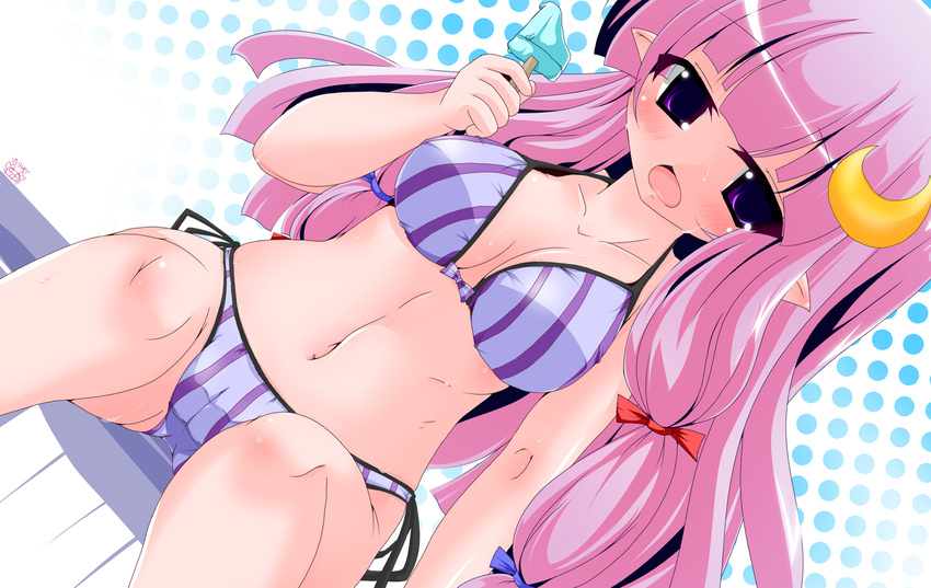 bikini blush bra breasts cleavage ice_cream kanitaro long_hair moon navel patchouli_knowledge pink_hair purple_eyes ribbons swimsuit touhou underwear