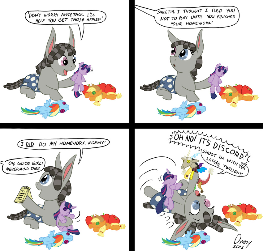 applejack_(mlp) blue_eyes clothed clothing comic cub dialog dialogue discord_(mlp) donkey draconequus english_text equine female feral friendship_is_magic fruit fur grey_fur hair half-dressed heterochromia horse mammal my_little_pony omny87 paper plain_background plushie pony purple_eyes rainbow_dash_(mlp) smartypants_(mlp) solo text topless twilight_sparkle_(mlp) two_tone_hair white_background young
