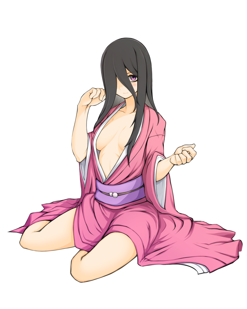 1girl black_hair blush breasts cleavage hair_over_one_eye highres japanese_clothes kimono large_breasts long_hair off_shoulder original purple_eyes simple_background sitting smile solo user_act white_background