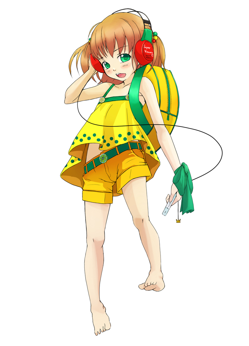 absurdres backpack bad_id bad_pixiv_id bag barefoot blush c.c._lemon c.c._lemon_(character) full_body green_eyes headphones highres open_mouth shorts simple_background solo weien white_background