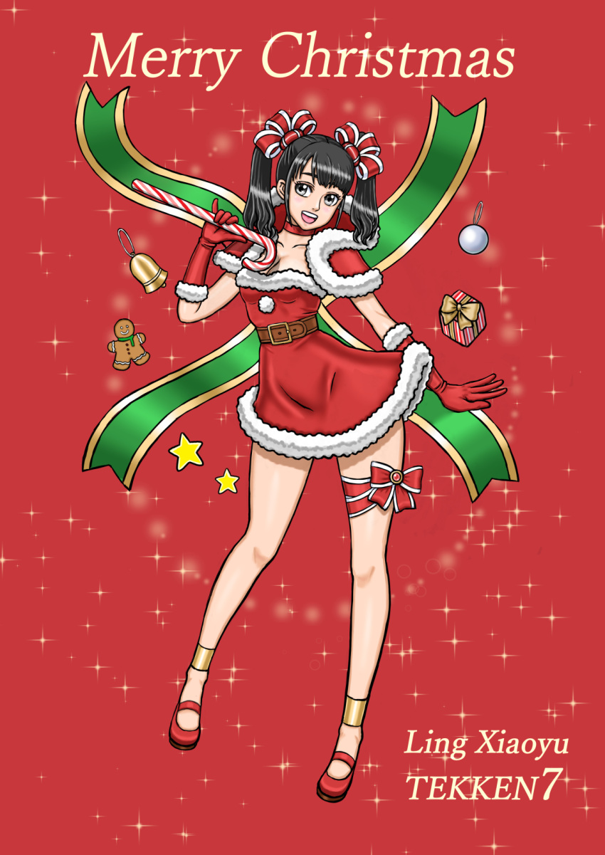 black_hair breasts christmas cleavage dress gloves ling_xiaoyu red_dress red_shoes tekken twintails
