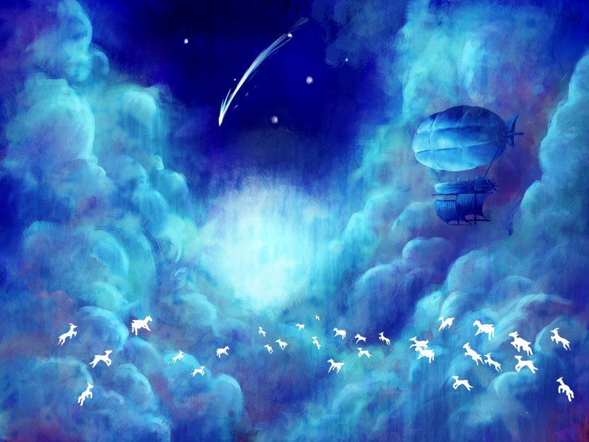 blimp cloud flying highres mikan3 no_humans original scenery shooting_star sirship sky star stars