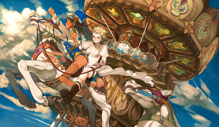 black_hair blonde_hair blue_eyes boots carousel cloud cross-laced_footwear hat horse horseback_riding leg_warmers leiror long_hair multiple_girls multiple_riders original raised_fist reins riding shadow short_hair sky