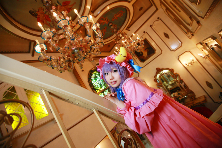 1girl asian cosplay crescent dress female hat long_hair patchouli_knowledge photo purple_hair solo stairs tenshi_myu touhou