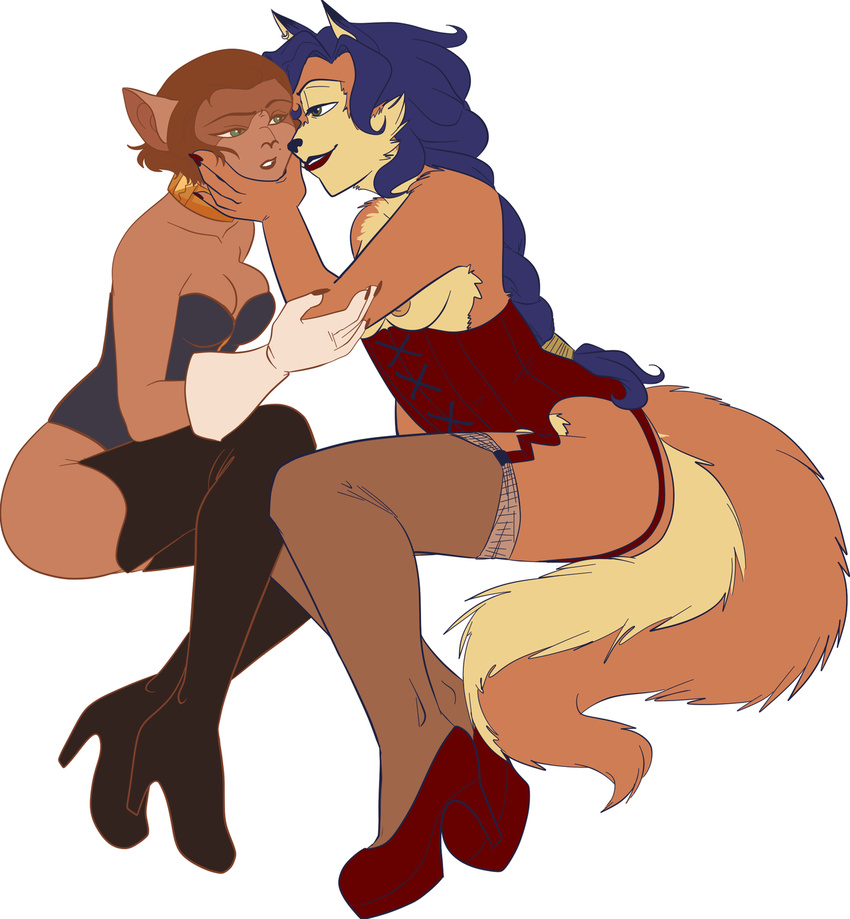 beauty_mark breasts canine captain_amelia carmelita_fox corset duo feline female fox gayt high_heels legwear lesbian mammal nipples sly_cooper_(series) stockings treasure_planet