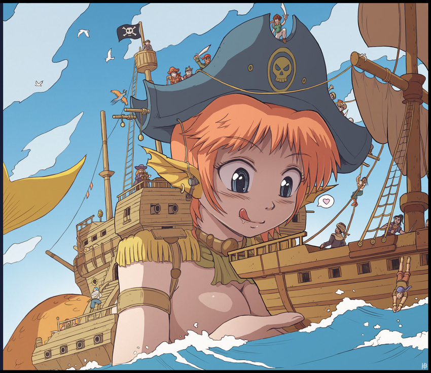 becky_(felarya) bird blue_eyes blush breasts cannon cloud day earrings felarya giantess grappling_hook hat head_fins heart jewelry karbo large_breasts licking_lips mermaid monster_girl ocean on_head orange_hair person_on_head pirate pirate_hat pointy_ears sail saliva seagull ship size_difference skull_and_crossbones sky spoken_heart sword tongue tongue_out water watercraft weapon