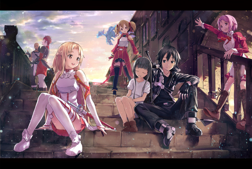 4girls agil asuna_(sao) bald bare_shoulders black_eyes black_hair black_legwear boots brown_eyes brown_hair detached_sleeves kirito klein letterboxed light_particles lisbeth long_hair long_legs multiple_boys multiple_girls outstretched_arm pina_(sao) pink_hair red_eyes shouin silica sitting sitting_on_stairs stairs standing sword_art_online thighhighs twintails white_legwear window yui_(sao)
