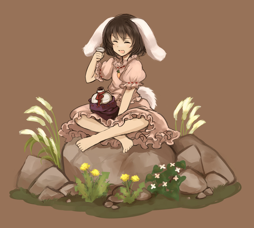 animal_ears barefoot black_hair bottle bunny_ears bunny_tail carrot carrot_necklace closed_eyes cup dandelion dress flower inaba_tewi inazakura00 indian_style jewelry necklace open_mouth pendant pink_dress puffy_sleeves rock sakazuki sake_bottle short_hair short_sleeves sitting sitting_on_rock smile solo tail touhou