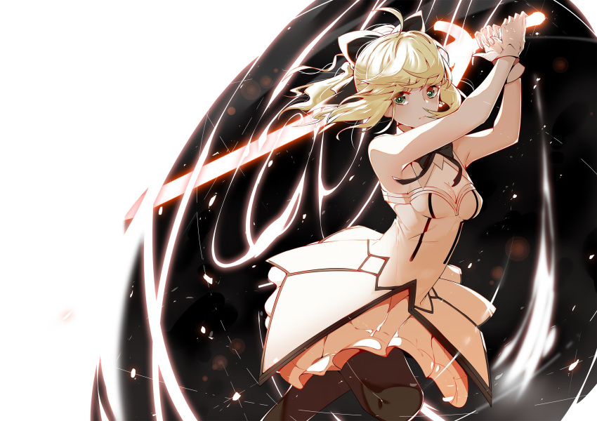 ahoge armpits artoria_pendragon_(all) attack bare_shoulders black_bow blonde_hair bow breasts cleavage energy fate/grand_order fate_(series) gloves green_eyes hair_bow highres long_hair looking_at_viewer lucky_(1045044604) pale_skin ponytail running saber_lily skindentation small_breasts sword thighhighs weapon zettai_ryouiki