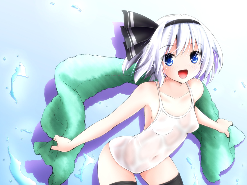 black_hairband black_legwear blue_eyes colorized commentary_request evandragon green_towel hair_ribbon hairband konpaku_youmu one-piece_swimsuit open_mouth peko ribbon short_hair silver_hair smile solo swimsuit thighhighs touhou towel wet wet_clothes wet_swimsuit white_swimsuit