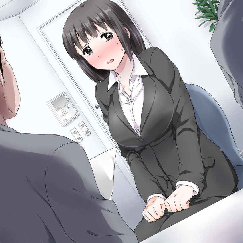 1girl black_eyes black_hair blush breasts chupimaro highres large_breasts looking_aside short_hair sitting sweatdrop