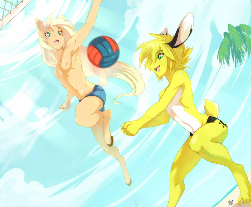 animal_ears bae_bunny baebunny beach blonde_hair clothing equine equine_legs gay girly hair happy hooves horse lagomorph long_hair male mammal peritian rabbit seaside shorts slim speedo swimsuit twink underwear volleyball