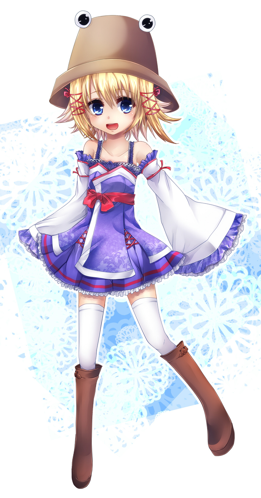 absurdres alternate_costume bad_id bad_pixiv_id bare_shoulders blonde_hair blue_eyes boots bow detached_sleeves dress eyes hair_ornament hair_ribbon hat highres long_sleeves moriya_suwako open_mouth ribbon short_hair siyusiyu13 smile solo thighhighs touhou white_legwear wide_sleeves