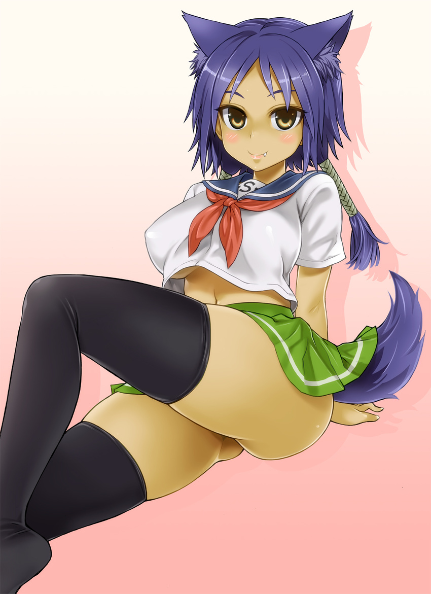 animal_ears arm_support asanagi black_legwear blush breasts brown_eyes ears fake_animal_ears fang galil_ar_(upotte!!) gradient gradient_background highres large_breasts looking_at_viewer low_twintails md5_mismatch midriff navel no_bra purple_hair school_uniform serafuku simple_background sitting skindentation skirt smile solo tail thighhighs thighs tsurime twintails underboob upotte!!