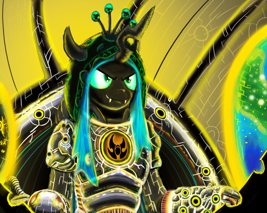 anthro anthrofied armor changeling chrome crossover female friendship_is_magic gordonfreeguy green_eyes green_hair hair hi_res hood horn my_little_pony queen_chrysalis_(mlp) seraphim supreme_commander too_much_yellow yellow_theme