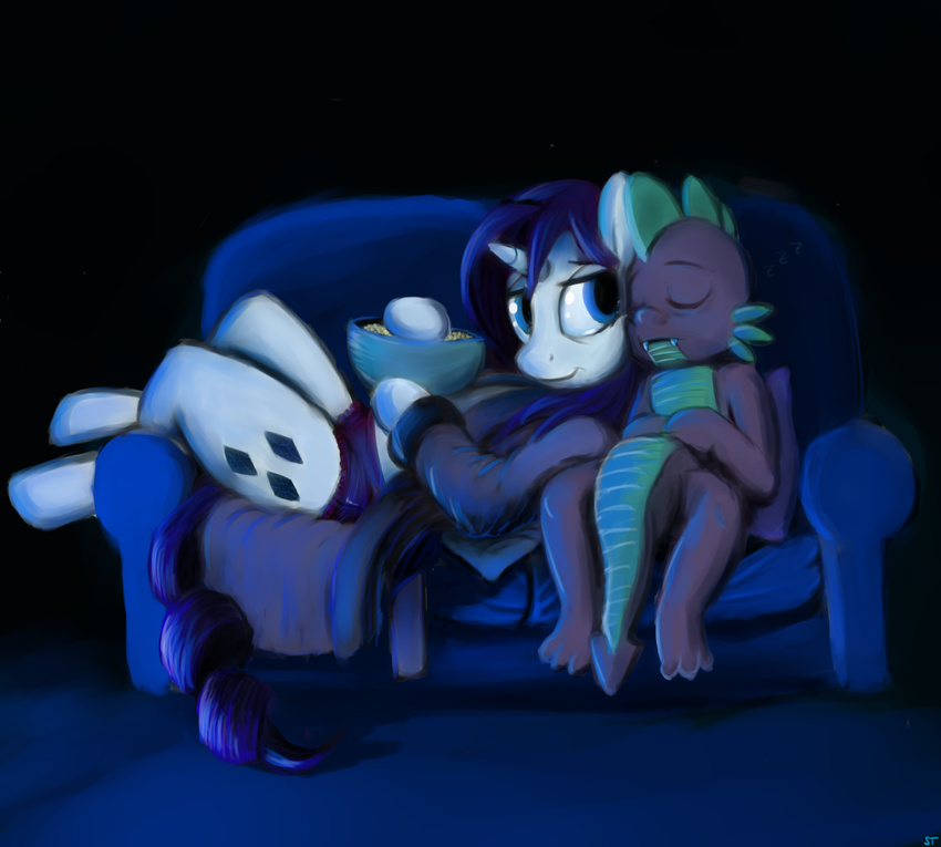 anthrofied blue_eyes blue_hair bowl cyan_eyes dragon duo equine female friendship_is_magic gordonfreeguy hair hi_res horn horse low_light male mammal my_little_pony night pony popcorn purple_hair rarity_(mlp) scalie sleeping sofa spike_(mlp) unicorn