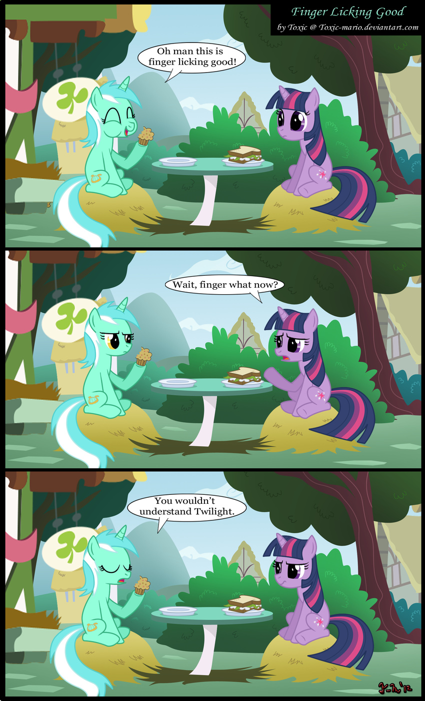 building bushes cloud clouds comic cutie_mark dialog dialogue eating english_text equine eyes_closed female feral food friendship_is_magic fur green_fur hair hay horn horse lyra_(mlp) lyra_heartstrings_(mlp) mammal muffin my_little_pony outside plate pony purple_eyes purple_fur sandwich sandwich_(food) sky table text toxic-mario tree twilight_sparkle_(mlp) two_tone_hair unicorn wood