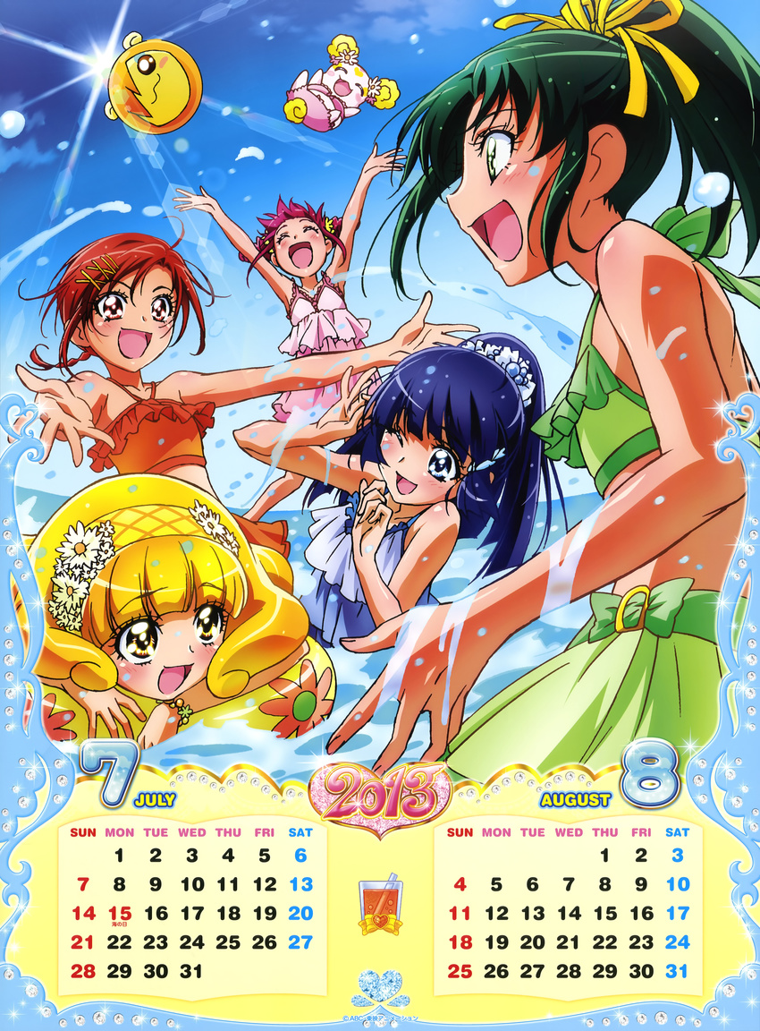 5girls :d ;d absurdres aoki_reika august ball bikini blonde_hair blue_eyes blue_hair braid calendar_(medium) candy_(smile_precure!) closed_eyes creature flower frilled_bikini frills green_eyes green_hair hairband highres hino_akane_(smile_precure!) hoshizora_miyuki innertube july kawamura_toshie kise_yayoi long_hair midorikawa_nao multiple_girls ocean official_art one_eye_closed open_mouth pink_hair ponytail pop_(smile_precure!) precure red_eyes red_hair smile smile_precure! swimsuit twintails water yellow_eyes yellow_hairband