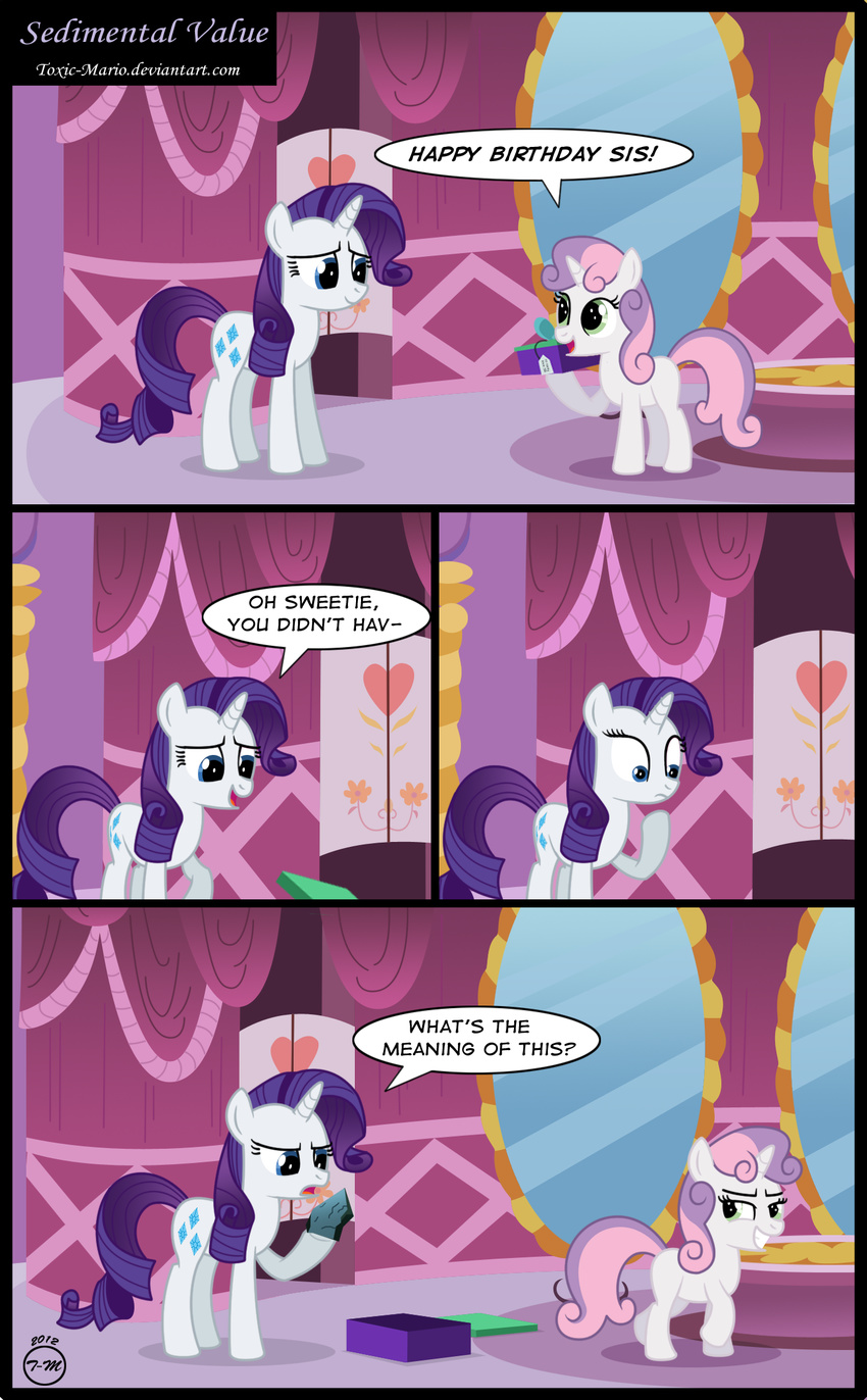 box comic cub cutie_mark dialog dialogue english_text equine female feral friendship_is_magic fur gift green_eyes hair horn horse inside mammal mirror my_little_pony pony purple_hair rarity_(mlp) rock sibling siblings smile sweetie_belle_(mlp) text toxic-mario two_tone_hair unicorn white_fur young