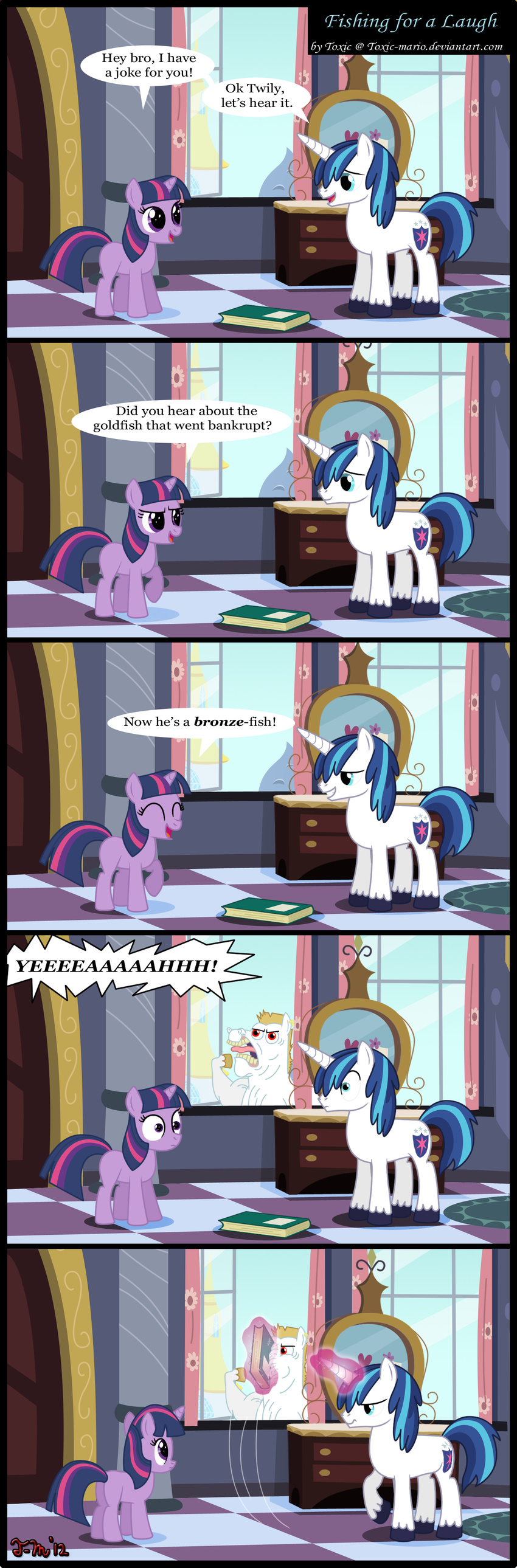 blue_eyes book bulk_biceps_(mlp) carpet comic cub cutie_mark dialog dialogue english_text equine eye_contact eyes_closed female feral friendship_is_magic fur group hair horn horse humor inside joke magic male mammal mirror my_little_pony pony purple_eyes purple_fur red_eyes roid_rage_(mlp) shining_armor_(mlp) sibling siblings smile text toxic-mario twilight_sparkle_(mlp) two_tone_hair unicorn white_fur window wood young