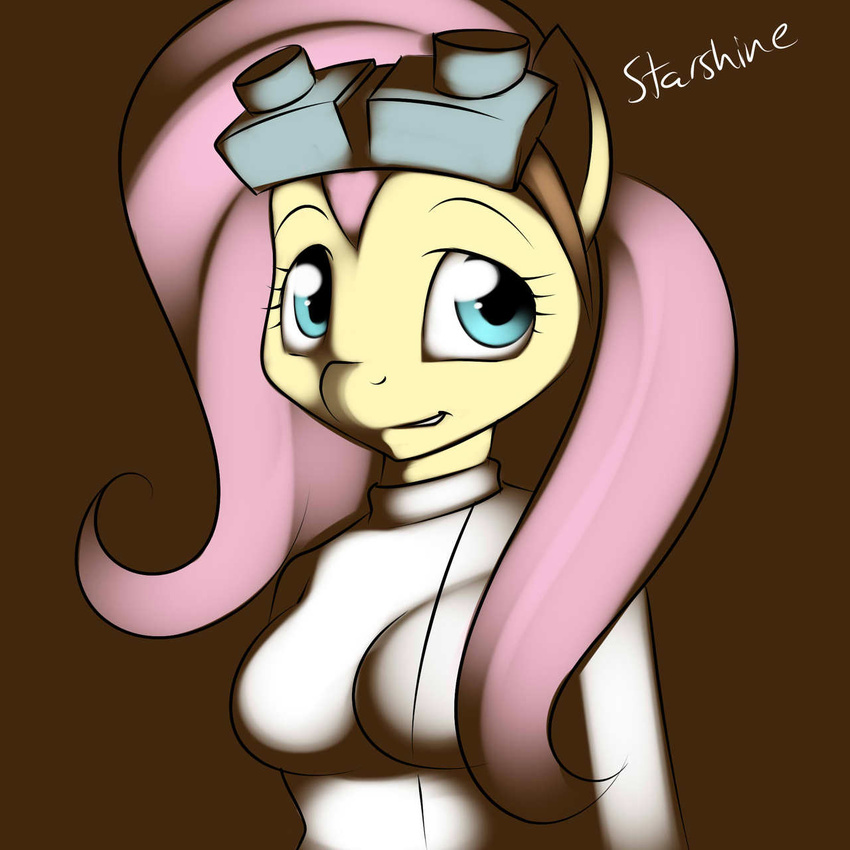 anthrofied blue_eyes breasts clothing crossover doctor_horrible's_sing_along dr_adorable_(mlp) equine eyewear female fluttershy_(mlp) friendship_is_magic goggles hair horse kloudmutt labcoat looking_away mammal my_little_pony pink_hair plain_background pony solo